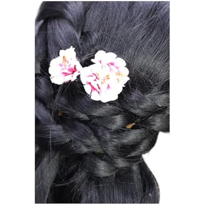 DILLARDS Elegant Black Synthetic Wig With Braided Crown, Long Wavy Style, Floral Hair Accessory, Cosplay Costume Party Wig - Image 5
